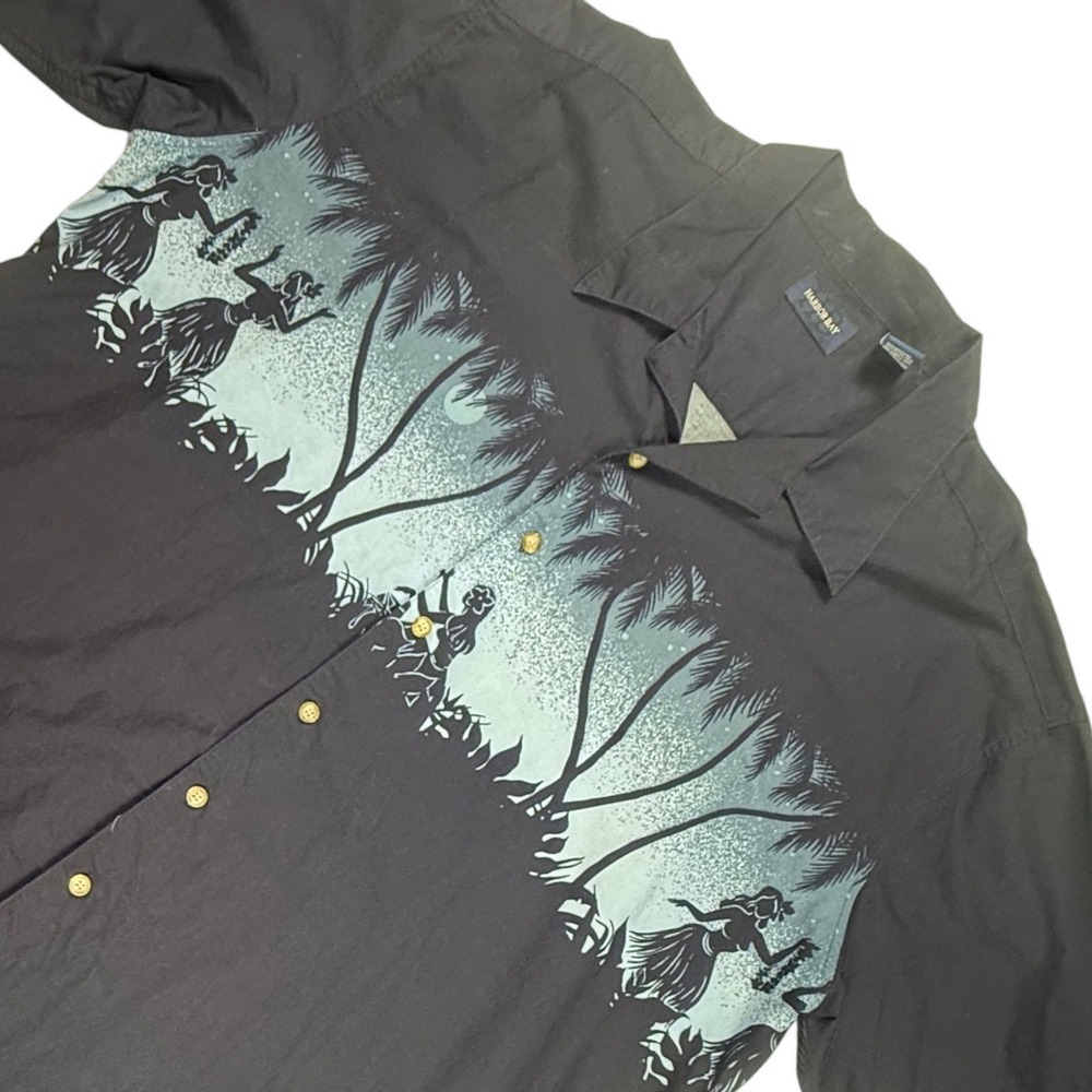 Harbor Bay Mens 3XLT Tall Black Hawaiian Shirt Hula Dancer Palm Tree Cotton CM61
